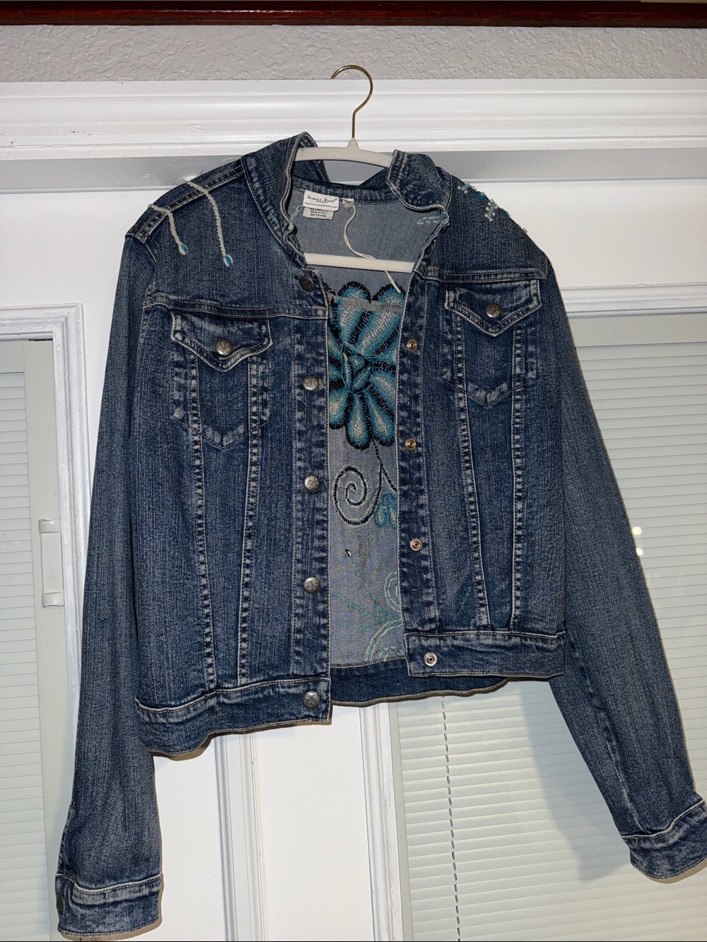 Embroidered Hooded Denim Jacket with Floral Detail - Blue